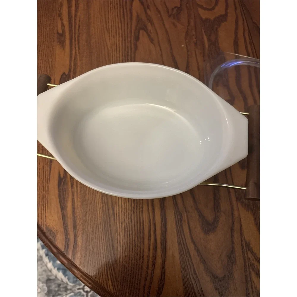 PYREX 043 1.5 Qt Golden Garland casserole w/ teak-handled warmer & lid EUC